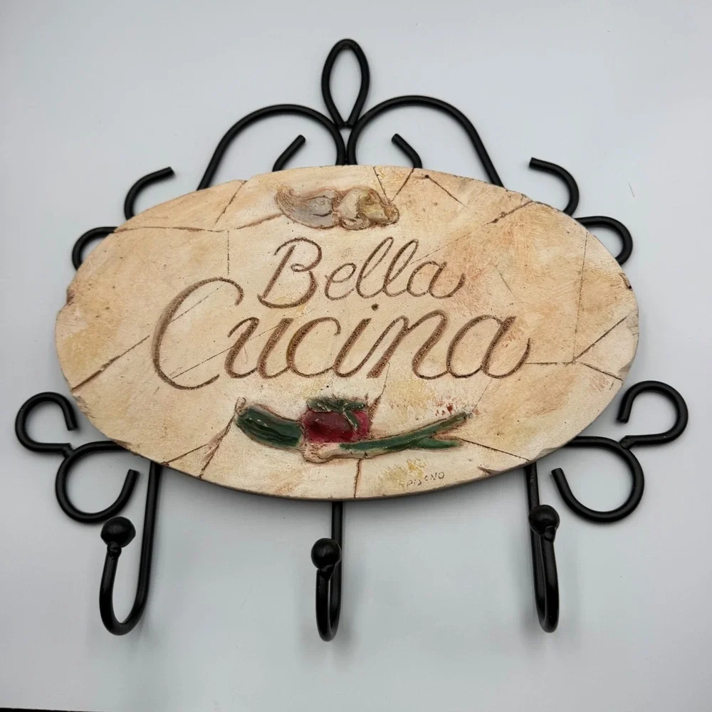 Pisano Bella Cucina Wall Hook Rack Wrought Iron Kitchen Towel Holder Sign